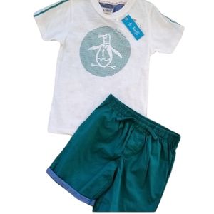 NWT Penguin Green & White Logo Tshirt & Short Outfit Set